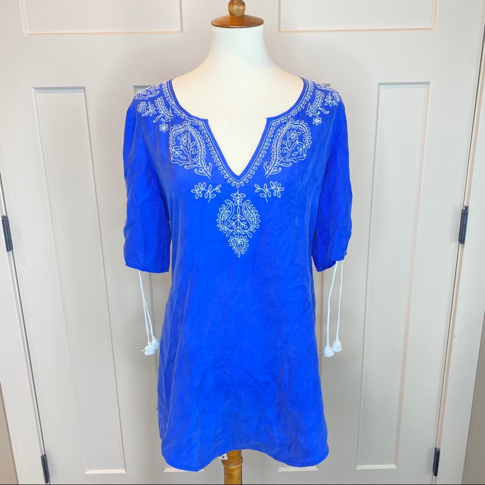 BANANA REPUBLIC Blue Silk Embroidered Three Quarter 3/4 Sleeve Tunic Blouse